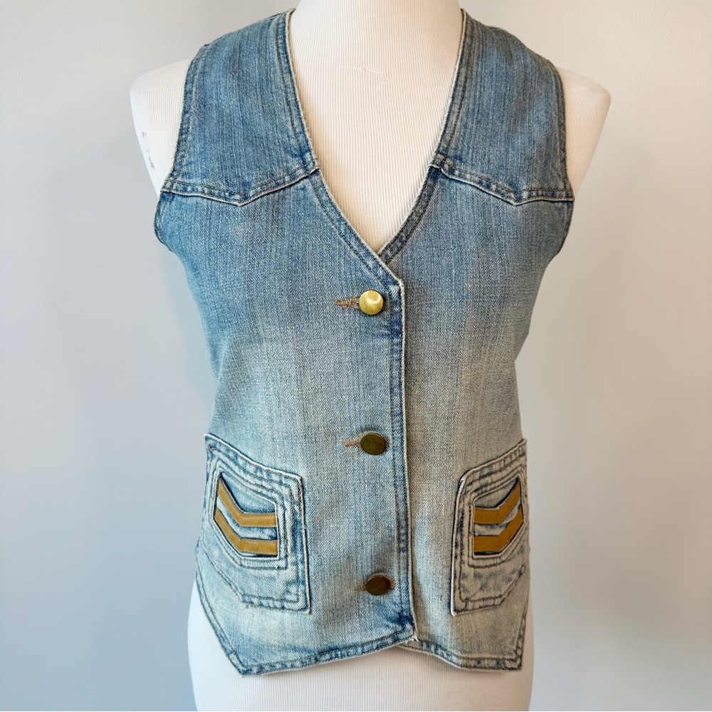 Delia’s dEliA*s Vintage Denim Vest Faded Blue Tan Faux Leather Tuxedo Style, M